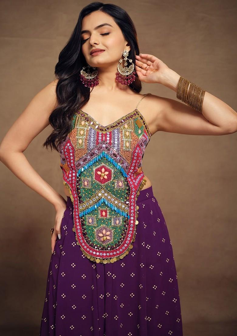 Purple Embroidered Poly Blend Fusion Set
