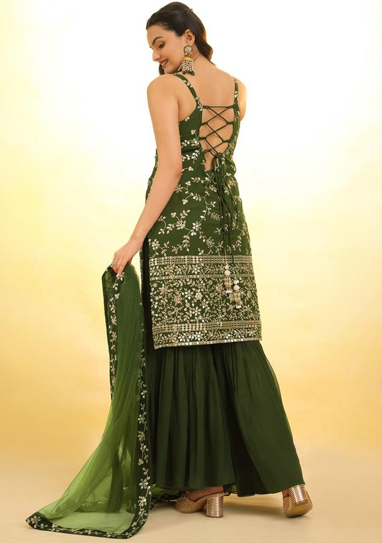Olive Embroidered Poly Blend Kurta Sets