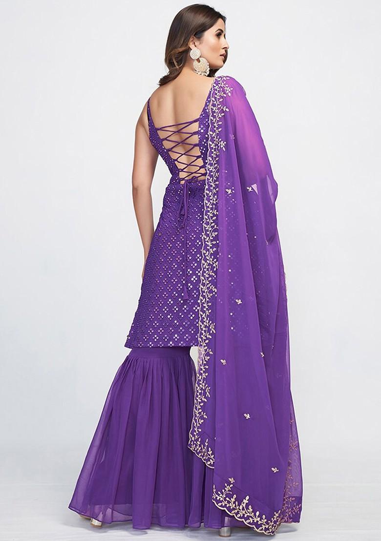 Purple Sequin Embroidered Poly Blend Kurta Sets