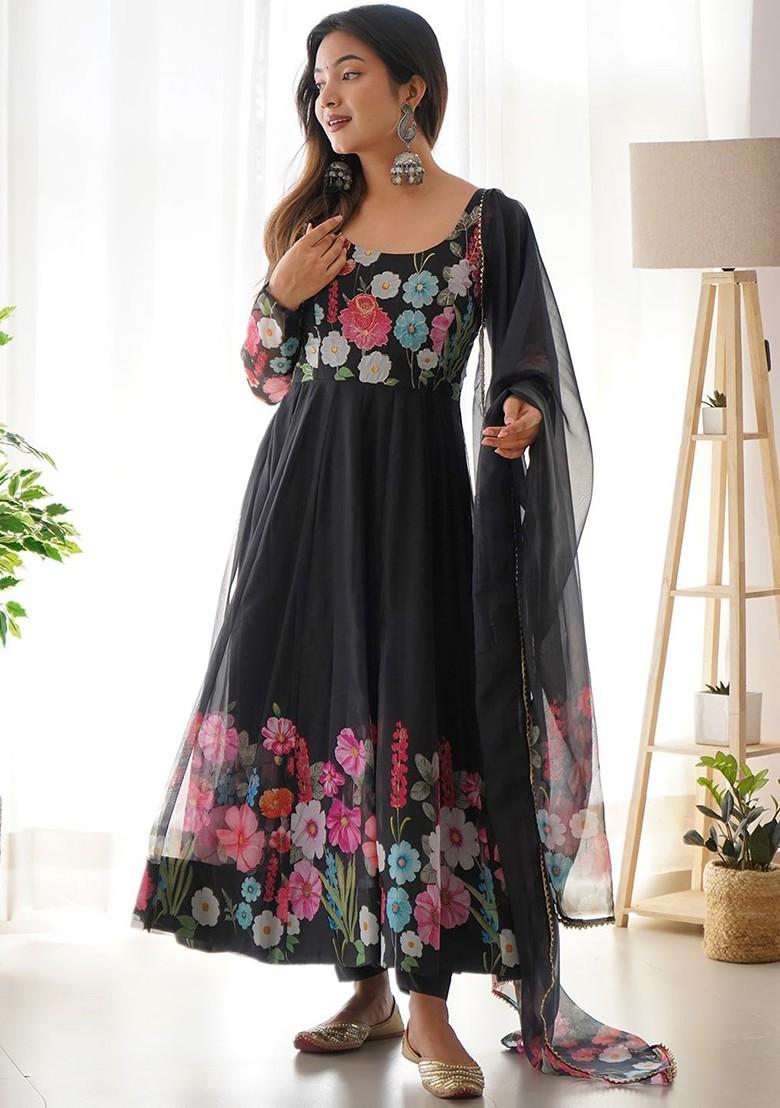 Black Printed Poly Blend Kurta Sets