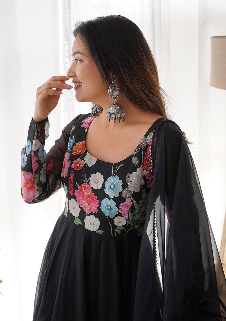 Black Printed Poly Blend Kurta Sets