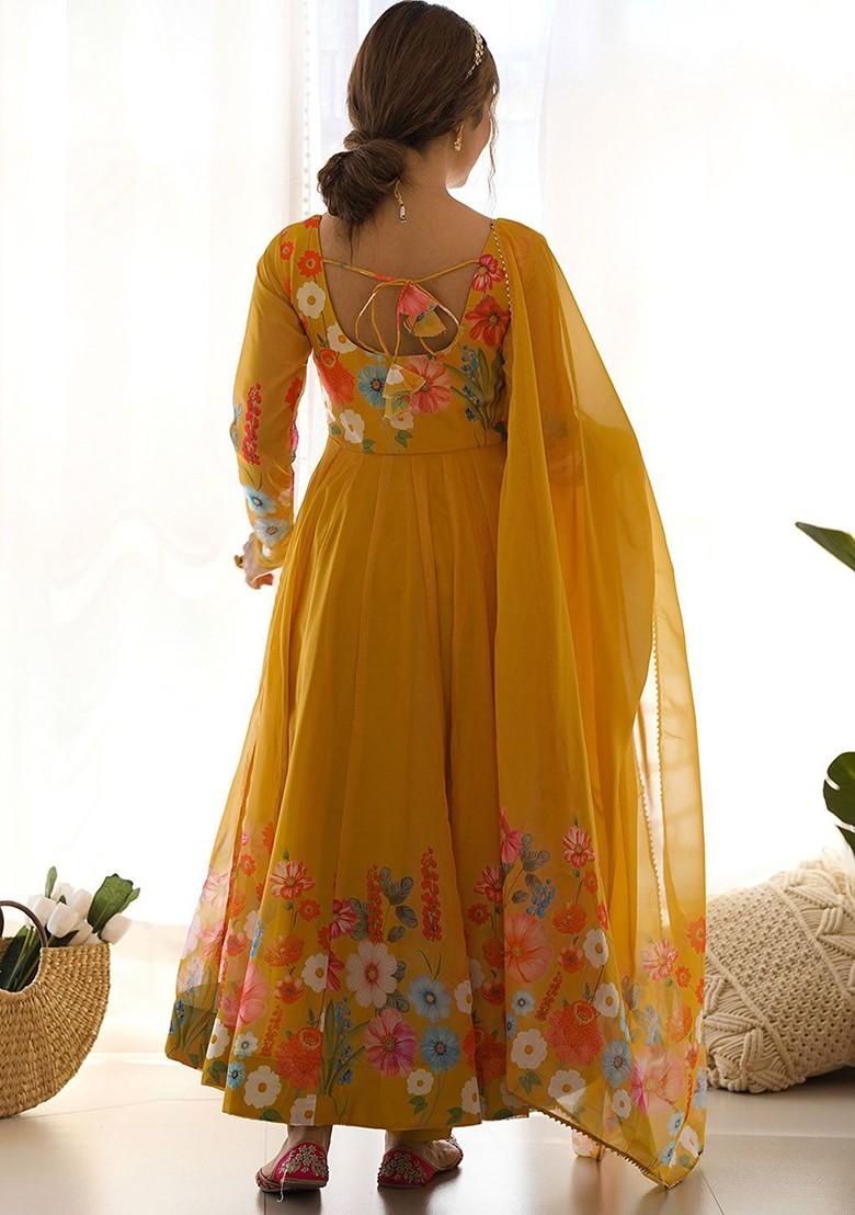 Yellow Printed Poly Blend Kurta Sets