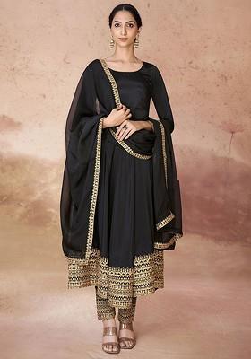 Black Gota Patti Poly Blend Kurta Sets