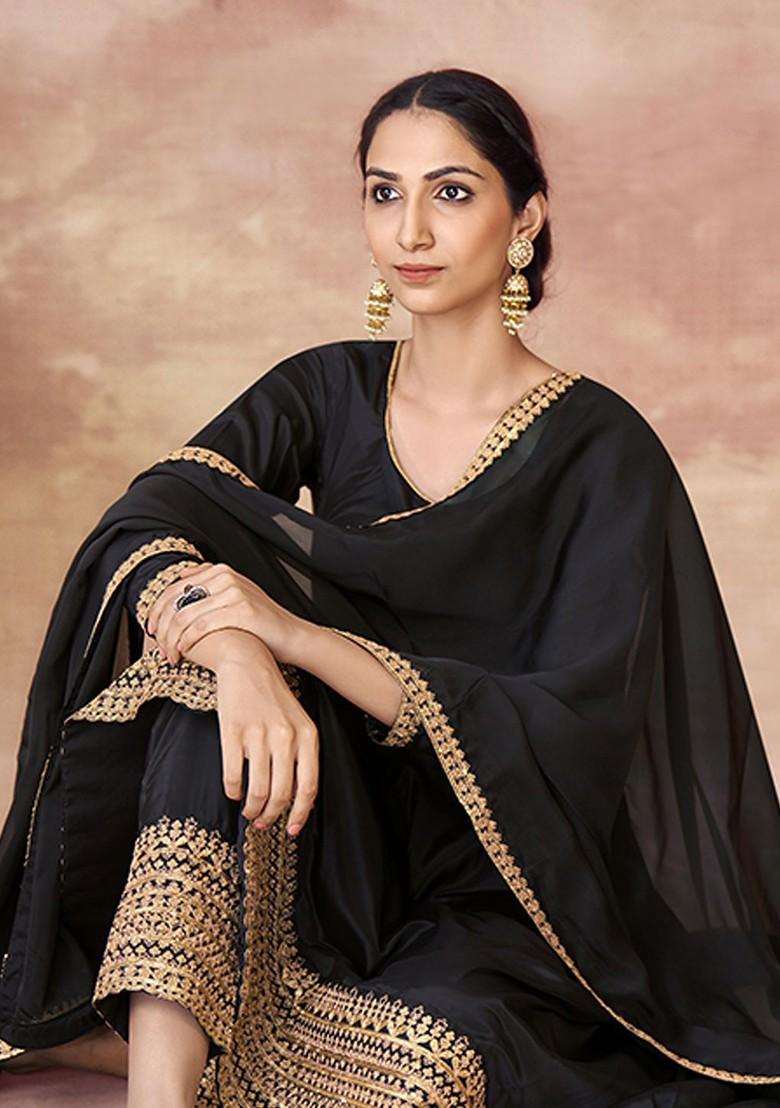 Black Gota Patti Poly Blend Kurta Sets