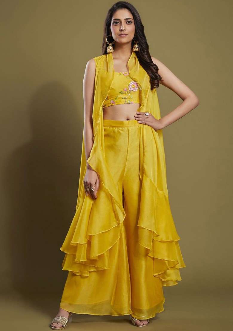 Yellow Embellished Poly Blend Fusion Set - Indya