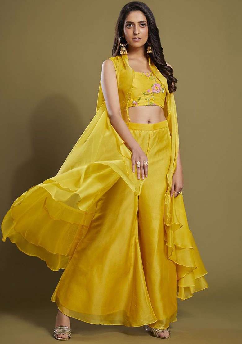 Yellow Embellished Poly Blend Fusion Set - Indya