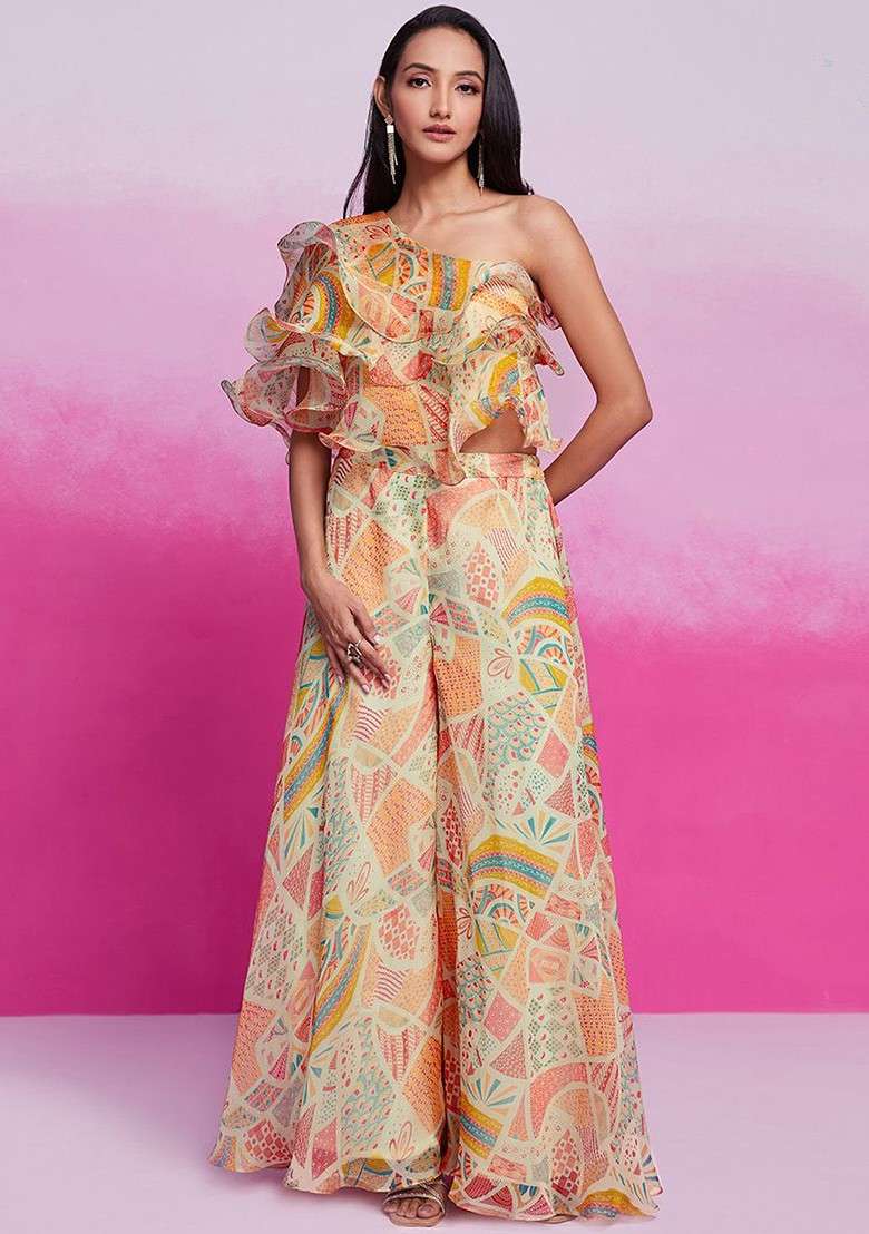 Cream Printed Poly Blend Fusion Set - Indya