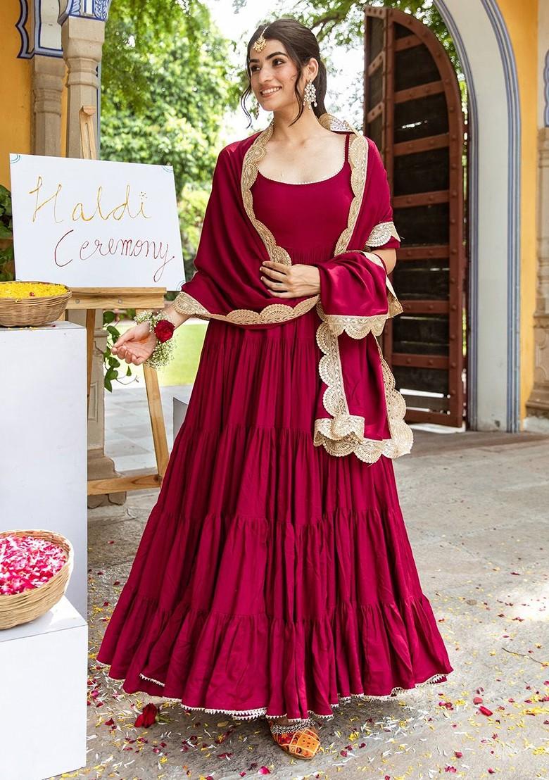 Maroon Gota Patti Poly Blend Kurta Sets