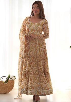 White Printed Poly Blend Kurta with Dupatta