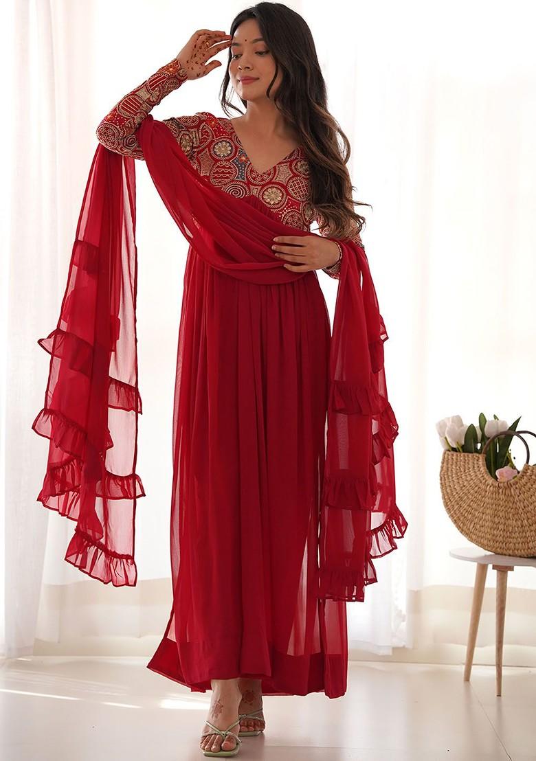 Red Embroidered Poly Blend Kurta Sets