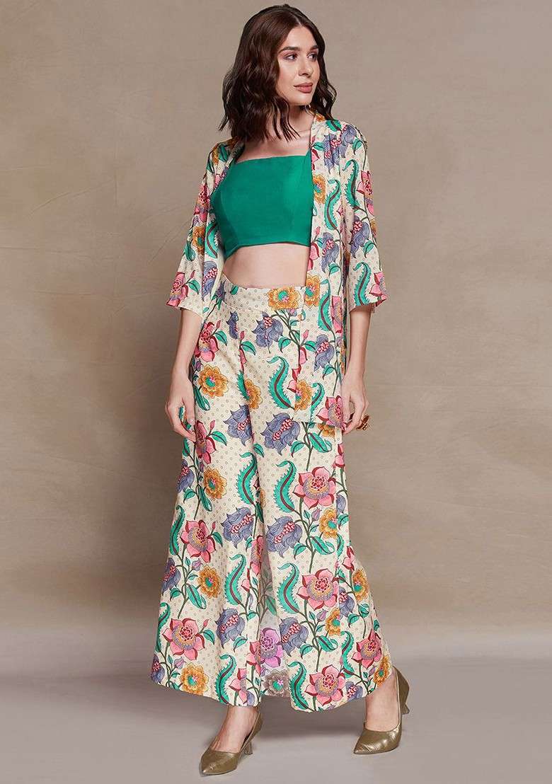 Beige Printed Poly Blend Fusion Set - Indya