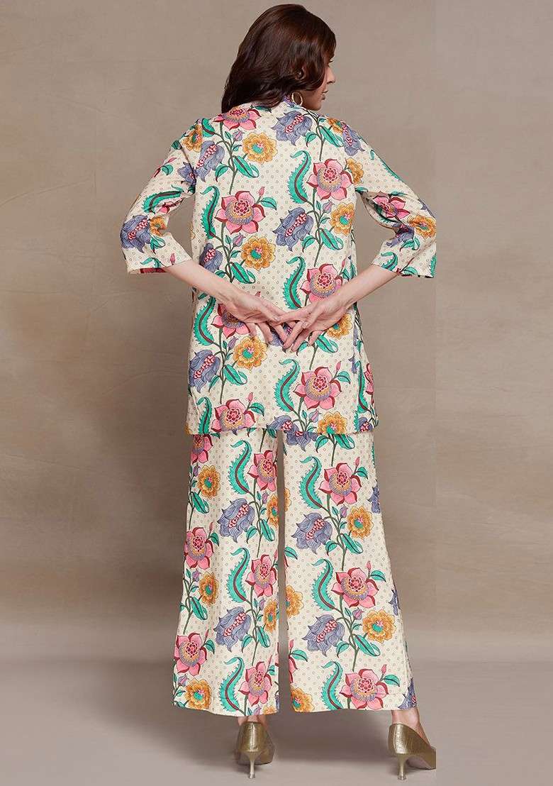 Beige Printed Poly Blend Fusion Set - Indya