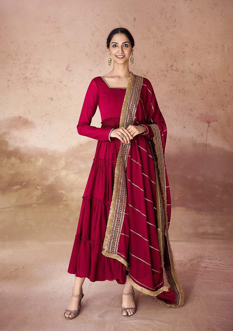 Red Embroidered Poly Blend Kurta