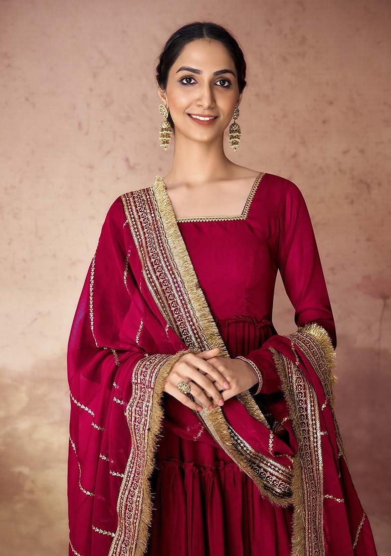 Red Embroidered Poly Blend Kurta