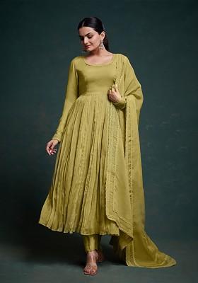 Olive Embroidered Poly Blend Kurta Sets