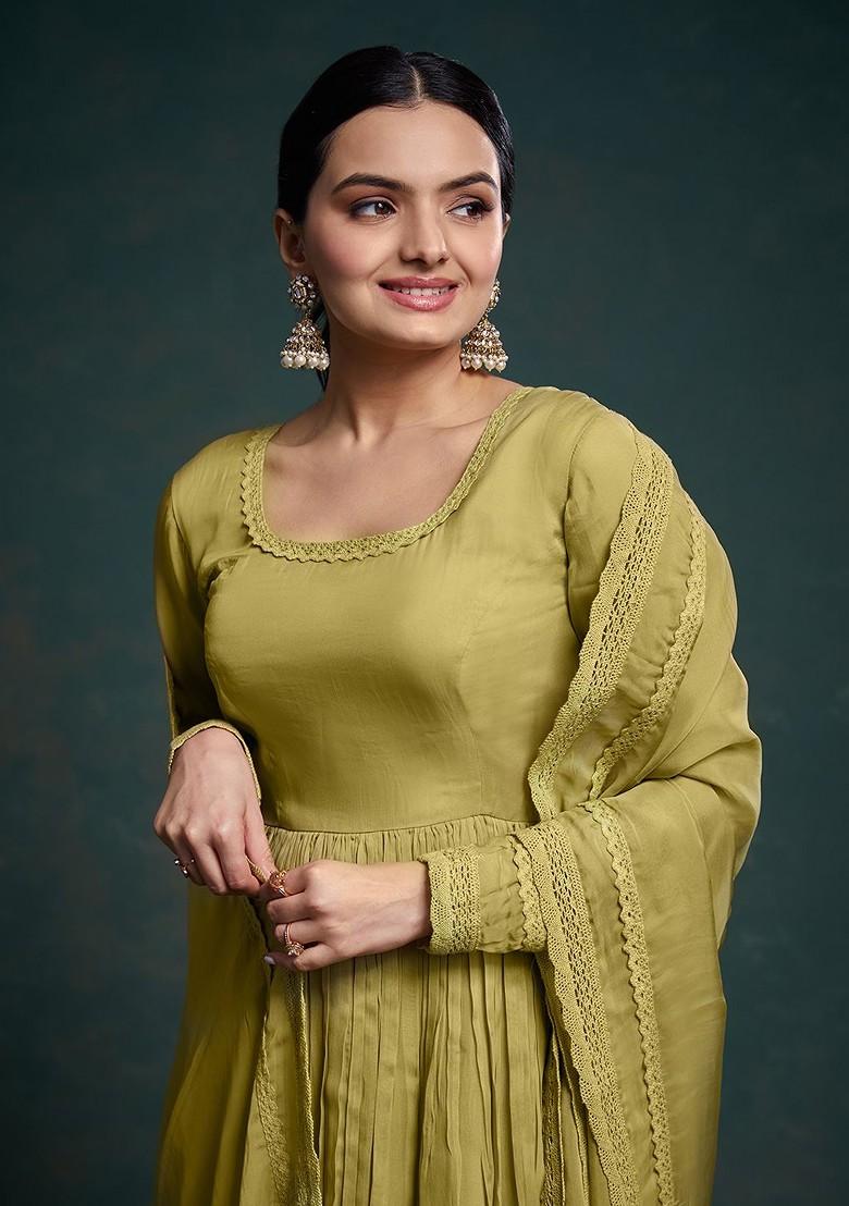 Olive Embroidered Poly Blend Kurta Sets