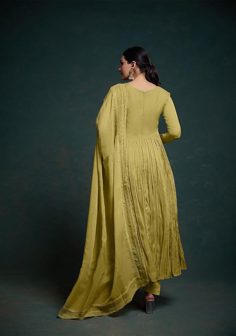 Olive Embroidered Poly Blend Kurta Sets