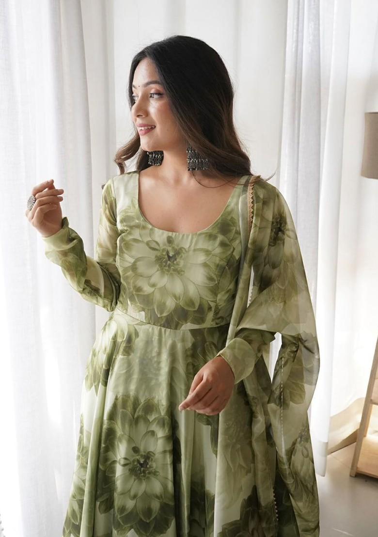 Olive Printed Poly Blend Kurta with Dupatta