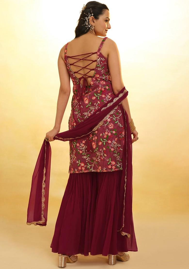 Maroon Embroidered Poly Blend Kurta Sets