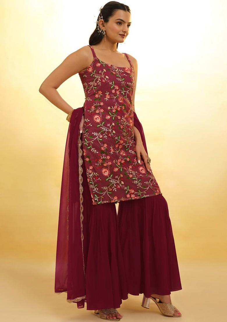 Maroon Embroidered Poly Blend Kurta Sets