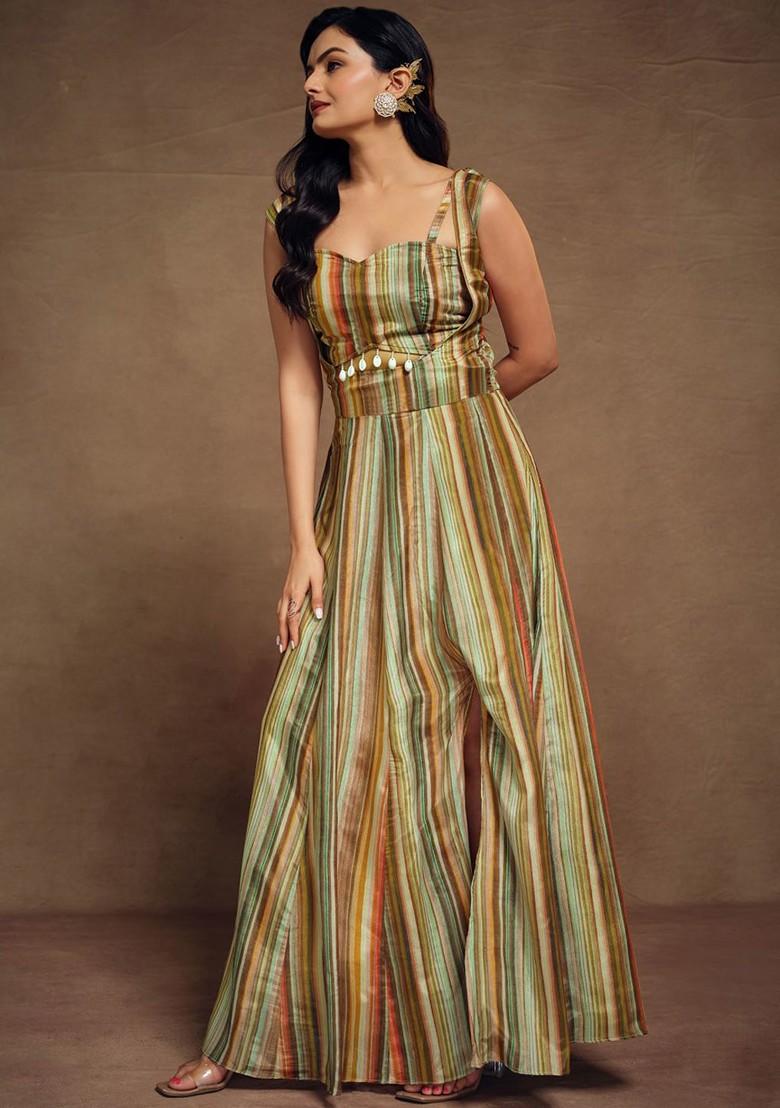 Green Strips Poly Blend Kurta