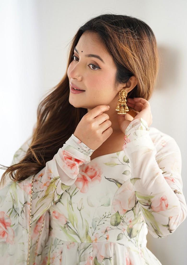 White Printed Poly Blend Kurta Sets