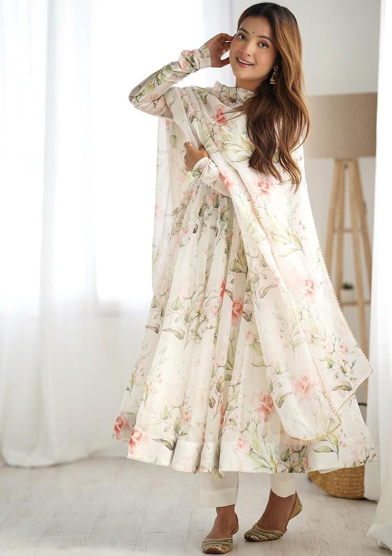 White Printed Poly Blend Kurta Sets