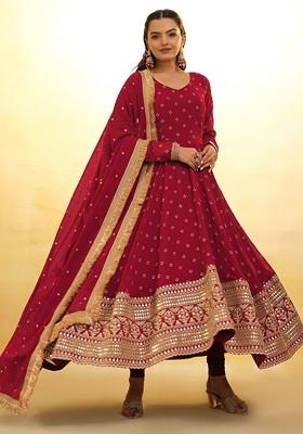 Maroon Embroidered Poly Blend Kurta Sets