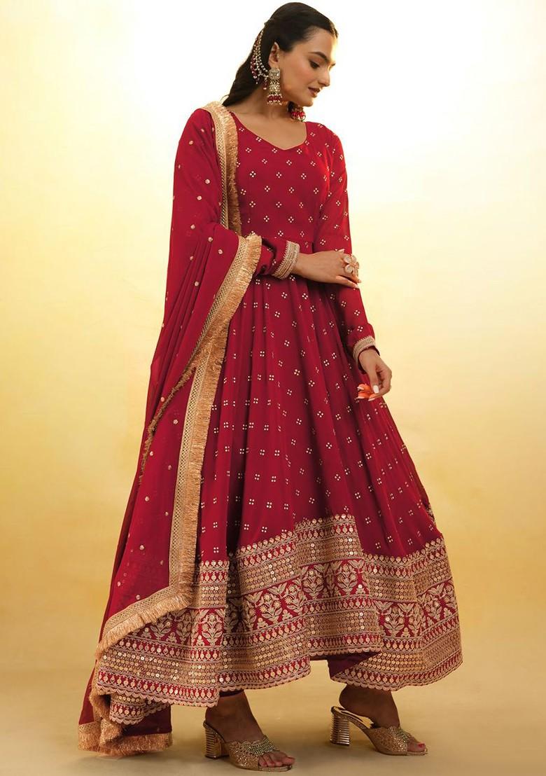 Maroon Embroidered Poly Blend Kurta Sets