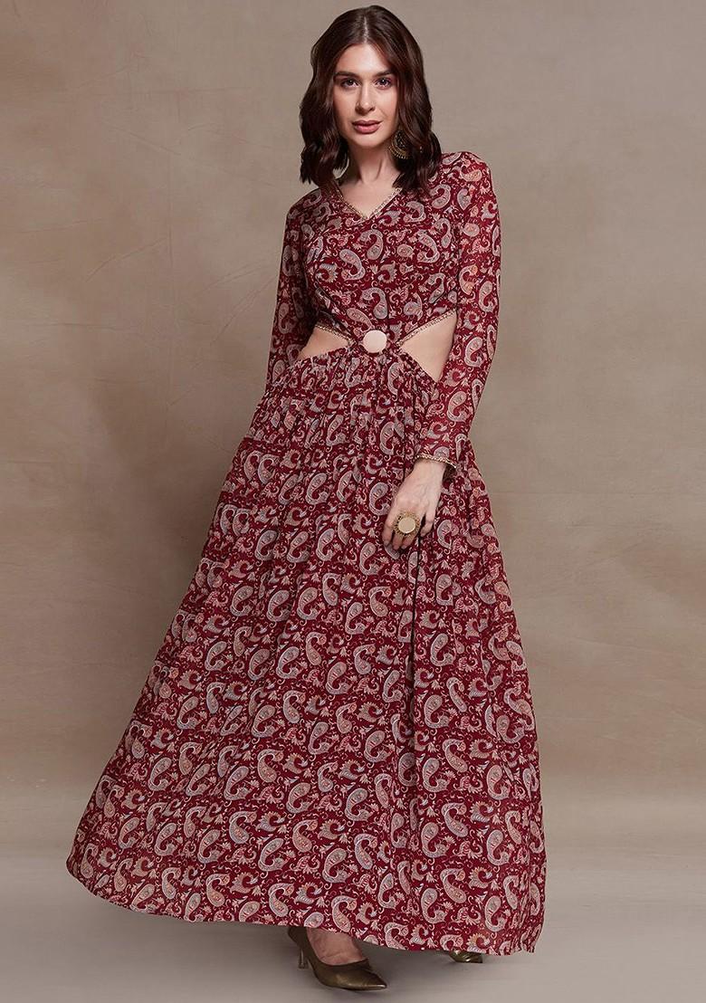 Maroon Printed Poly Blend Kurta