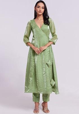 Green Solid Poly Blend Kurta Sets