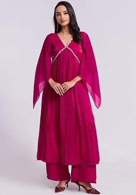 Pink Solid Poly Blend Kurta Sets