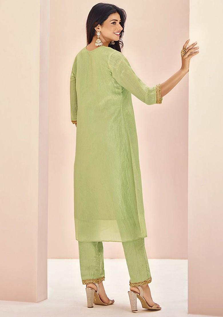 Green Solid Poly Blend Kurta Sets