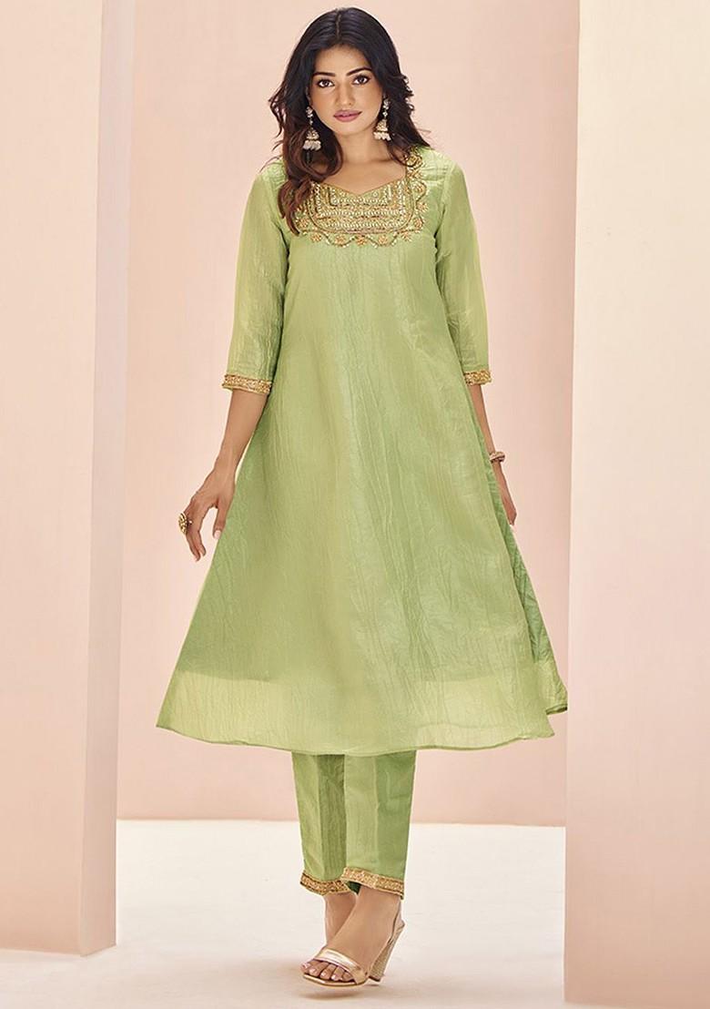 Green Solid Poly Blend Kurta Sets