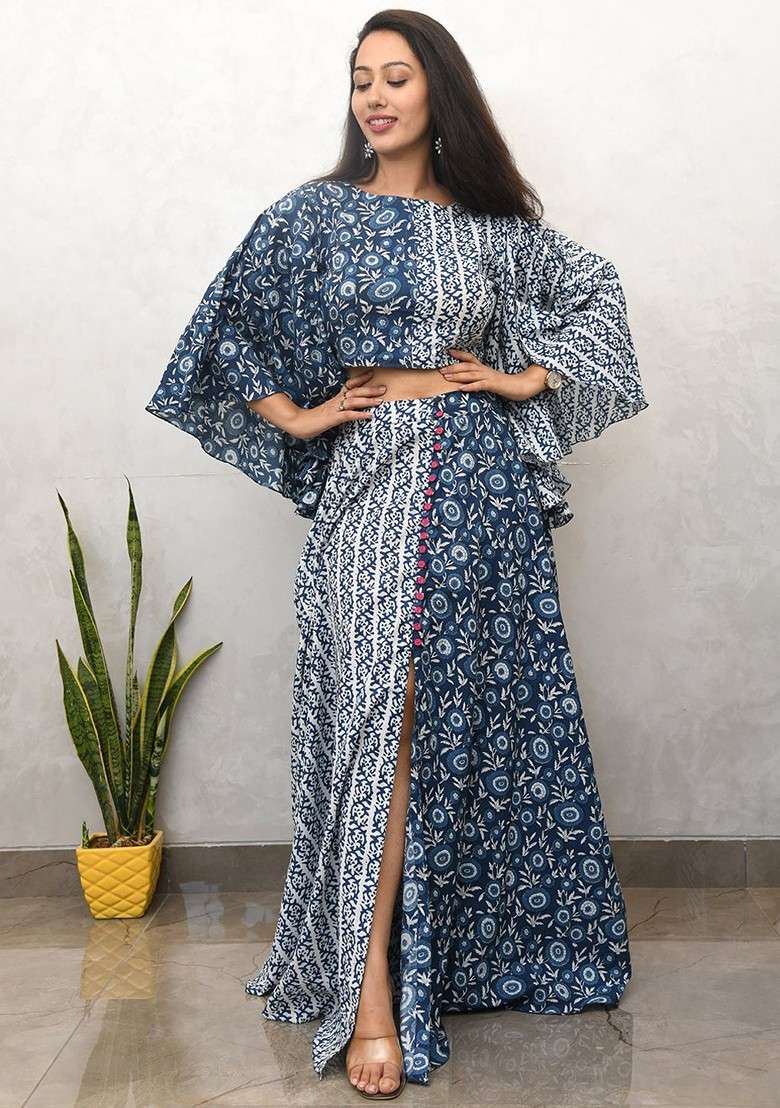 Blue Printed Poly Blend Fusion Set - Indya