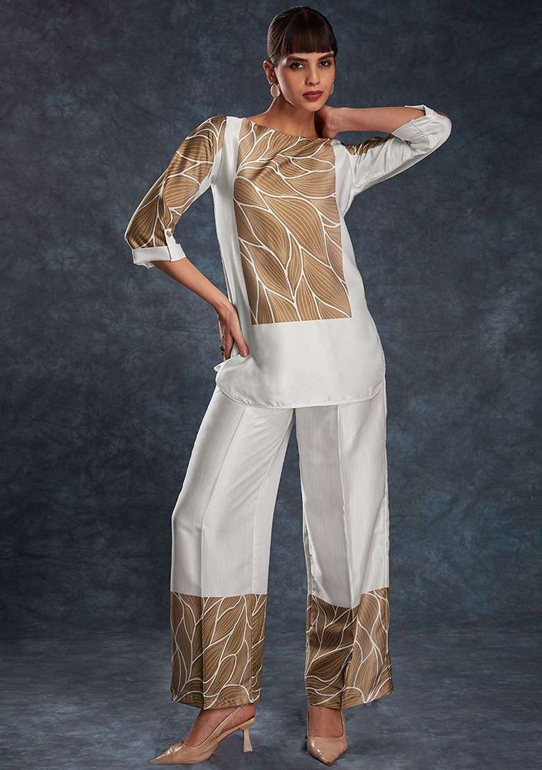 White Printed Blended Co Ord Set for Diwali | Wedding & Festive Wear - Indya