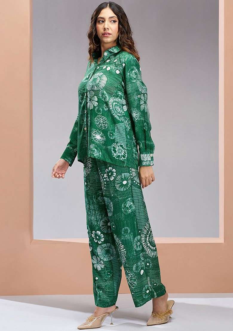 Green Printed Poly Blend Fusion Set - Indya