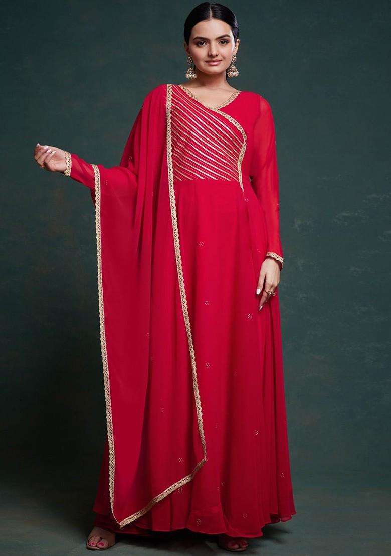 Red Embellished Poly Blend Kurta with Dupatta
