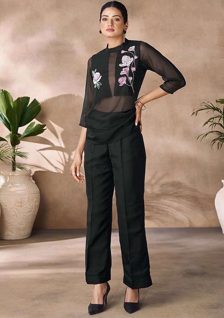 Black Embroidered Poly Blend Fusion Set - Indya
