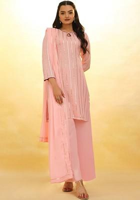 Peach Embroidered Poly Blend Kurta Sets
