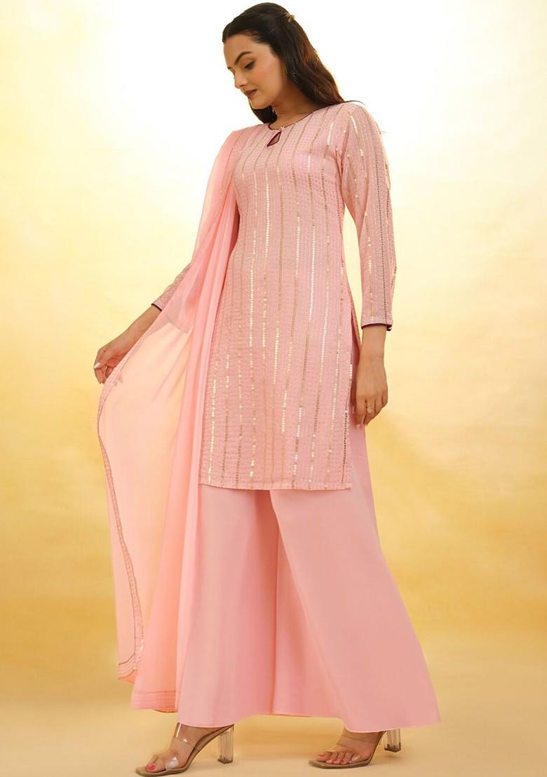 Peach Embroidered Poly Blend Kurta Sets