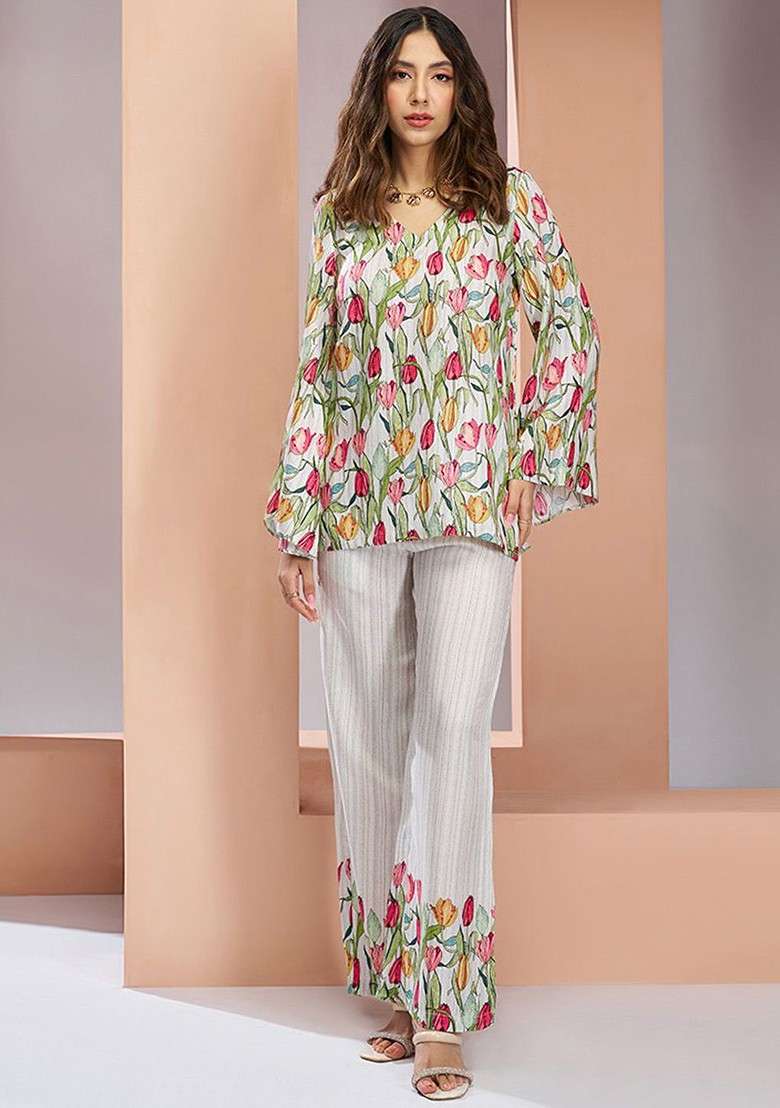 White Printed Poly Blend Fusion Set - Indya
