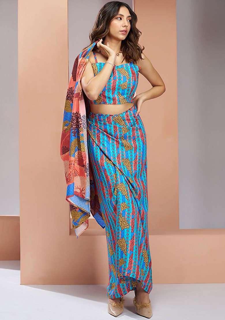 Blue Printed Poly Blend Fusion Set - Indya