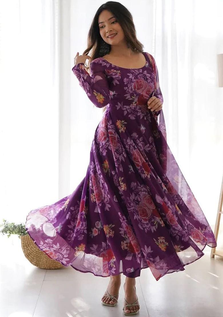 Purple Printed Poly Blend Kurta with Dupatta