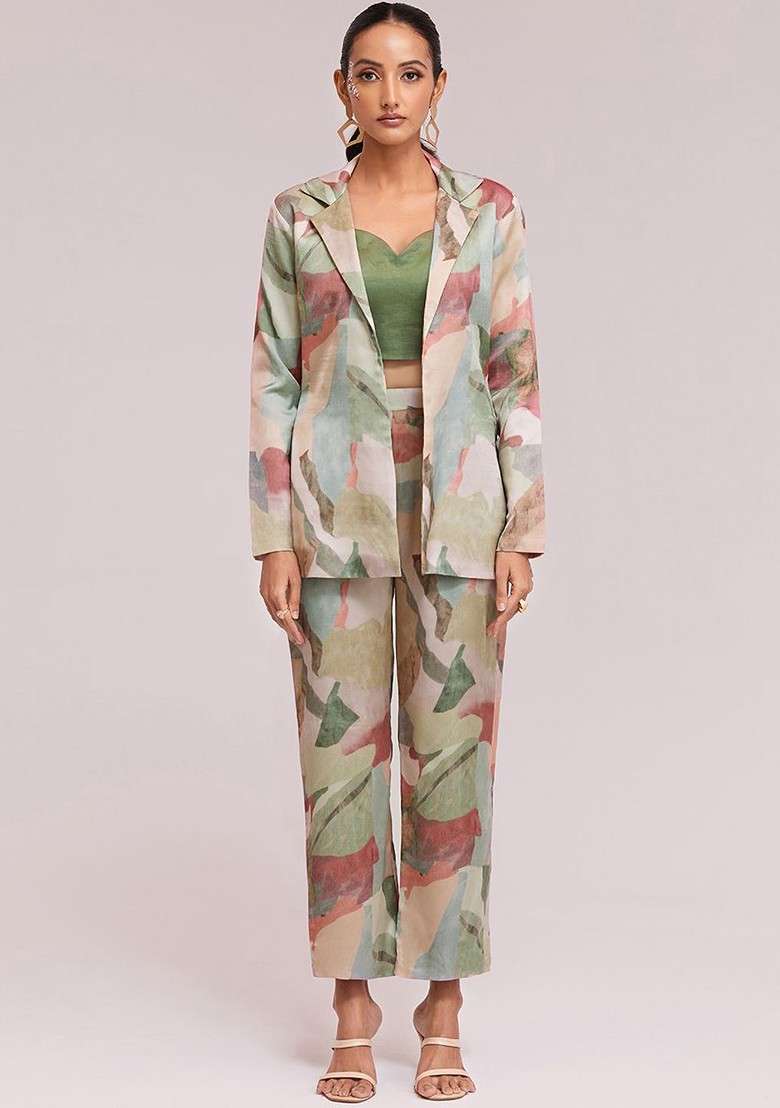 Green Printed Poly Blend Fusion Set - Indya