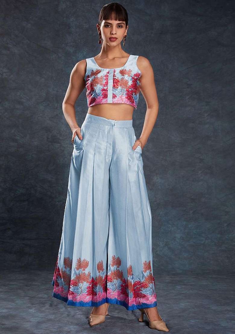 Blue Printed Poly Blend Fusion Set - Indya