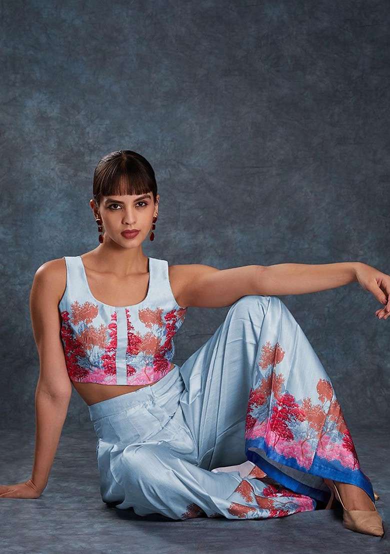 Blue Printed Poly Blend Fusion Set - Indya