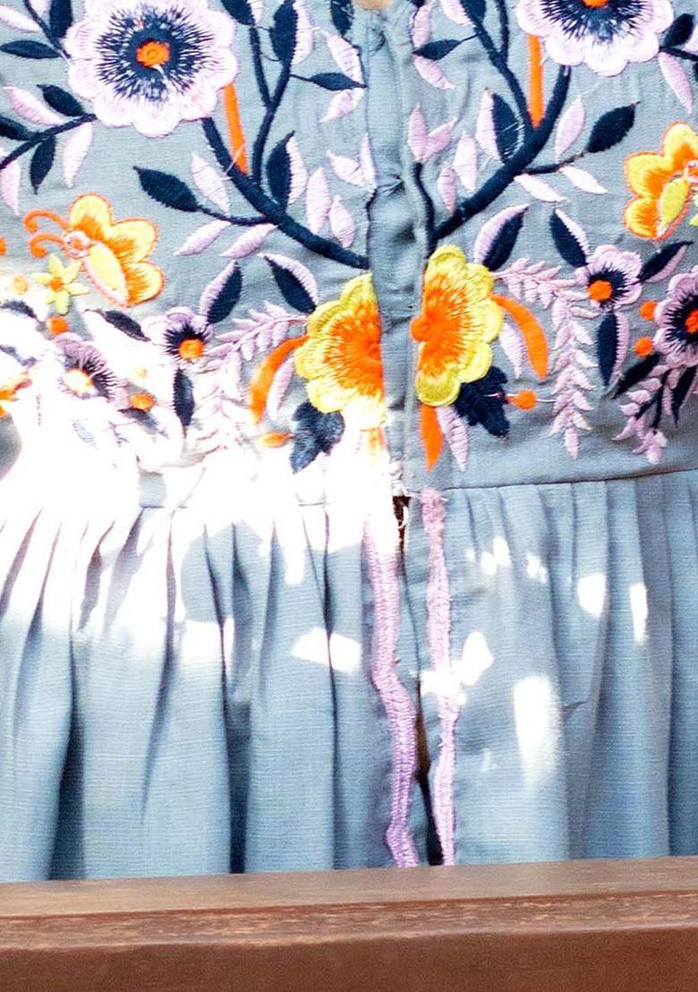 Blue Embroidered Poly Blend Kurta