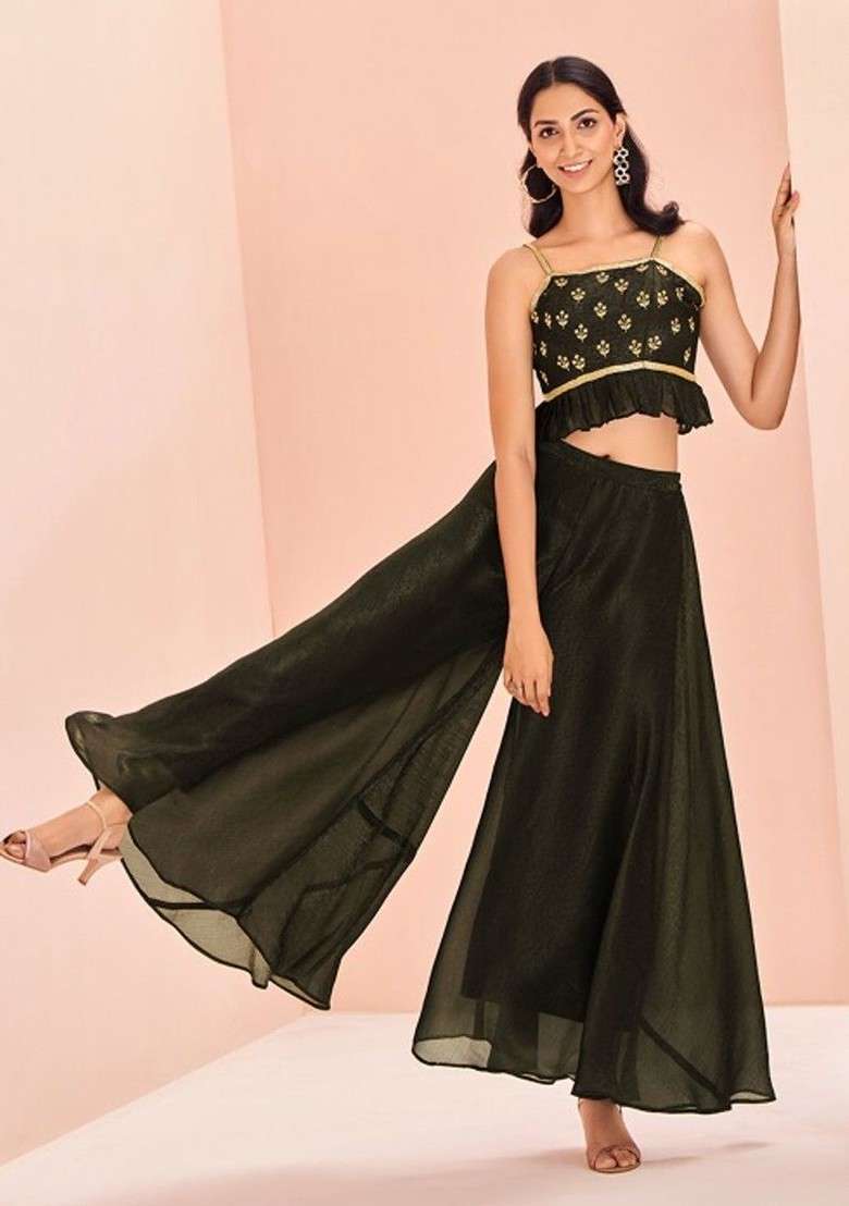 Olive Embellished Poly Blend Fusion Set - Indya
