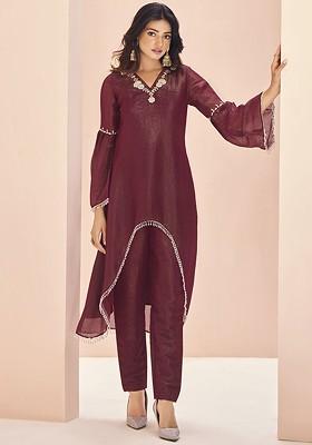 Maroon Embroidered Poly Blend Kurta Sets